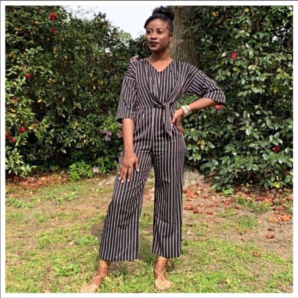 Tie Front Waist Black & White Pinstripe Jumpsuit